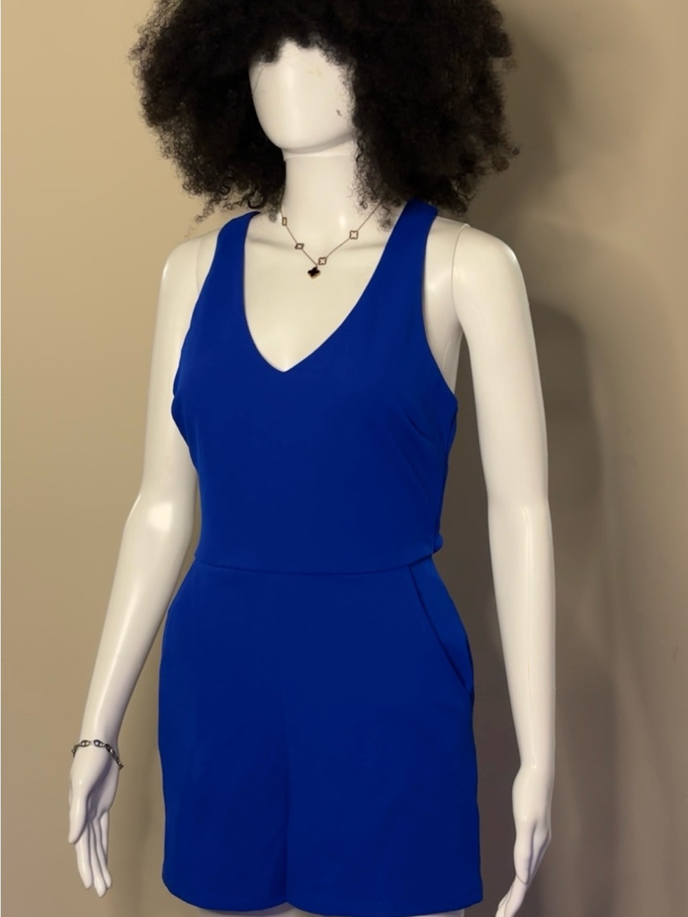 V-Neck Royal Blue Sleeveless Romper with Pockets